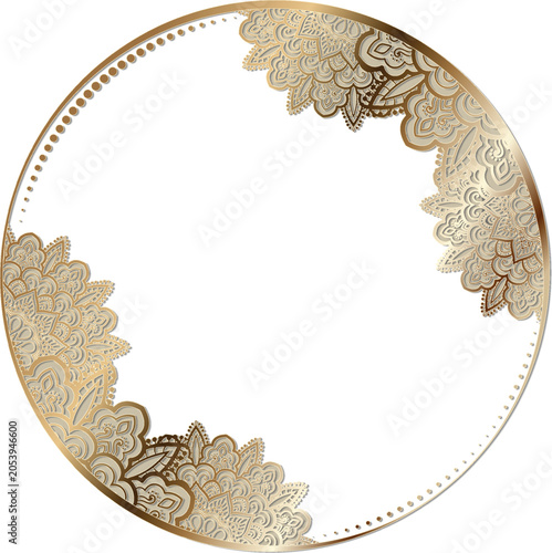 Luxury Gold Mandala Round Frame with Ornamental Lace Border on White Background