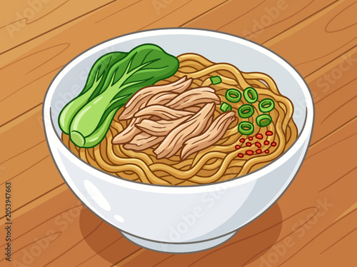 A steaming bowl of Indonesian mie ayam or chicken noodles with vegetables on a wooden table, featuring a close-up view with warm tones and a simple background.