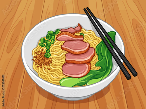 A bowl of ramen noodles with slices of duck meat and vegetables on a wooden table with chopsticks.