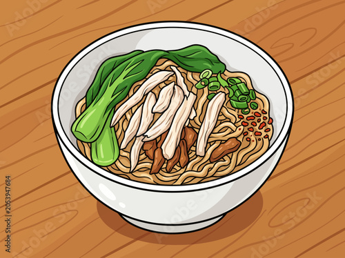A bowl of Indonesian mie ayam or noodles with chicken and vegetables on a wooden table in a simple illustration style with a warm and inviting mood.
