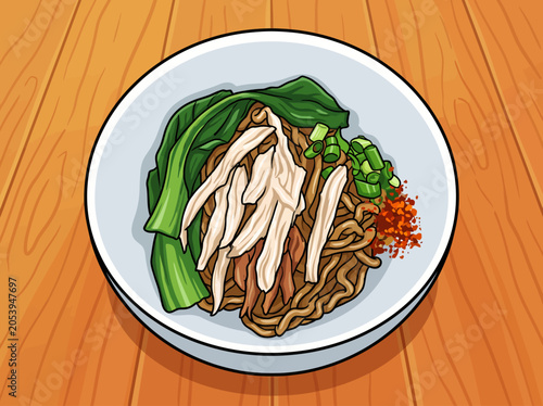 Illustration of a plate of Indonesian mie ayam or noodles with sliced chicken, vegetables, and chili flakes on a wooden table.