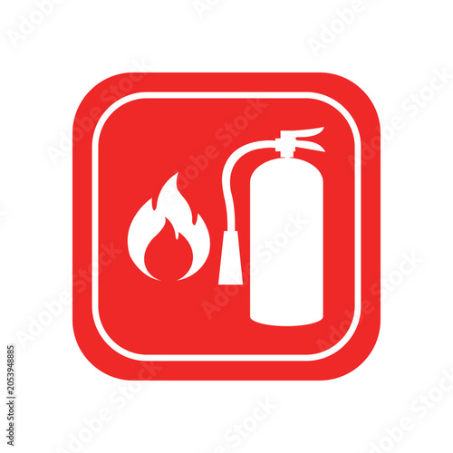 Fire extinguisher red icon vector button isolated on white background. Firefighters tools for flame fighting. Flat fire extinguisher with burning flame and frame on square shape.