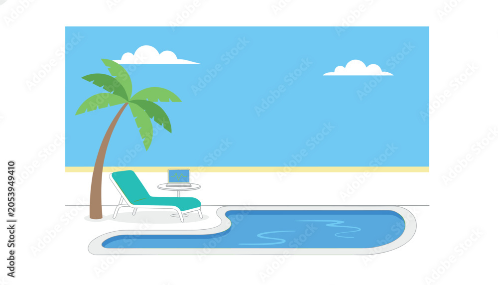 Fototapeta premium Laptop displaying a heartbeat graph on a small table next to a lounge chair by a swimming pool, remote work, digital health, and wellness travel.