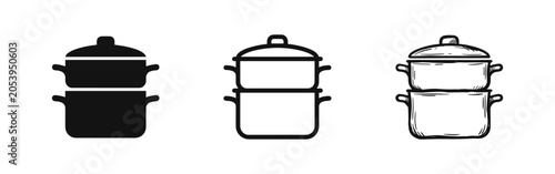 Photos Steamer pot double boiler icon set in solid, outline, and doodle styles