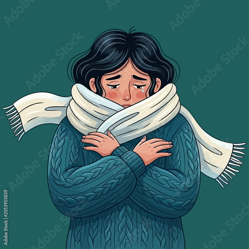 Obraz na plátne A woman wrapped in a scarf and sweater feels cold and unwell indoors