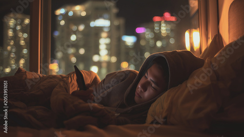 Young adult lying awake in bed unable to sleep while city lights glow outside ,depression, young men in his bed, teen watching in his phone in the dark, teen hiding his head under