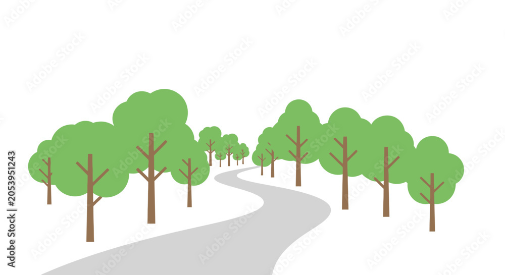 Fototapeta premium Serpentine Road Winding Through Green Trees on White Background