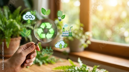 Hand holding magnifying glass over recycling symbol for environmental sustainability and carbon footprint analysis.