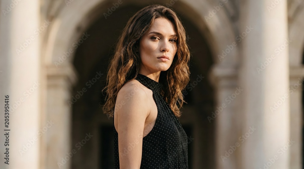 Naklejka premium Elegant young woman in a black dress posing in front of historic european architecture during golden hour.