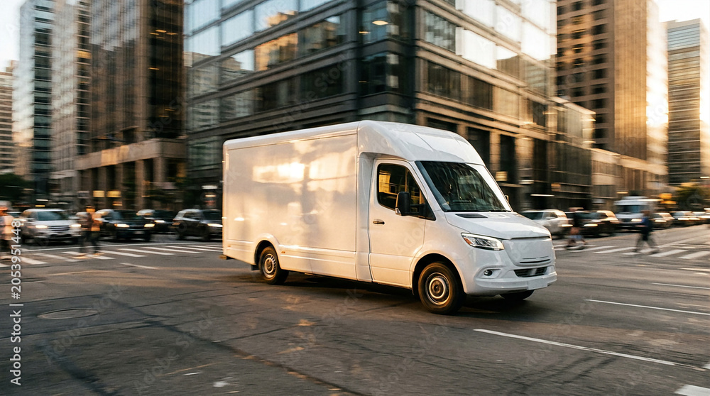 Fototapeta premium Sleek White Electric Delivery Truck Cruising on City Street