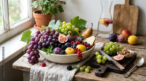Arrangement of mixed fresh seasonal fruits in white bowl on wooden table.