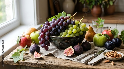 Bowl filled with fresh grapes and figs on wooden rustic surface.