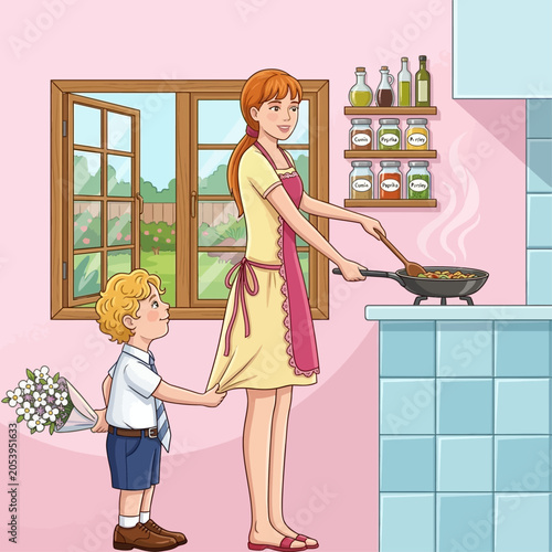 Woman cooking with a boy in a kitchen while holding flowers by the window.
