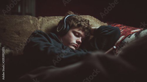 Teen with headphones on ignoring the outside world while lying on a couch ,depression, young men in his bed, teen watching in his phone in the dark, teen hiding his head under the