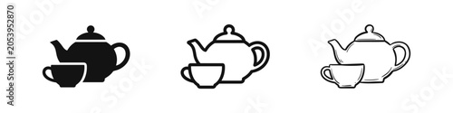 Bild auf Leinwand Teapot and Teacup Icon Set - Solid, Outline, and Hand-Drawn Beverage Styles