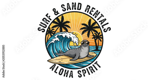 Photography Seal on a surfboard riding wave.
