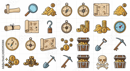 Pirate treasure hunt icons and symbols.