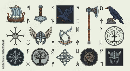 Foto Viking Norse Mythology Symbols Logos.