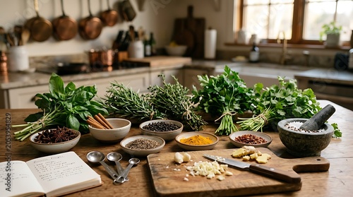 Culinary ingredients and fresh herbs on a rustic wooden table in a kitchen setting.