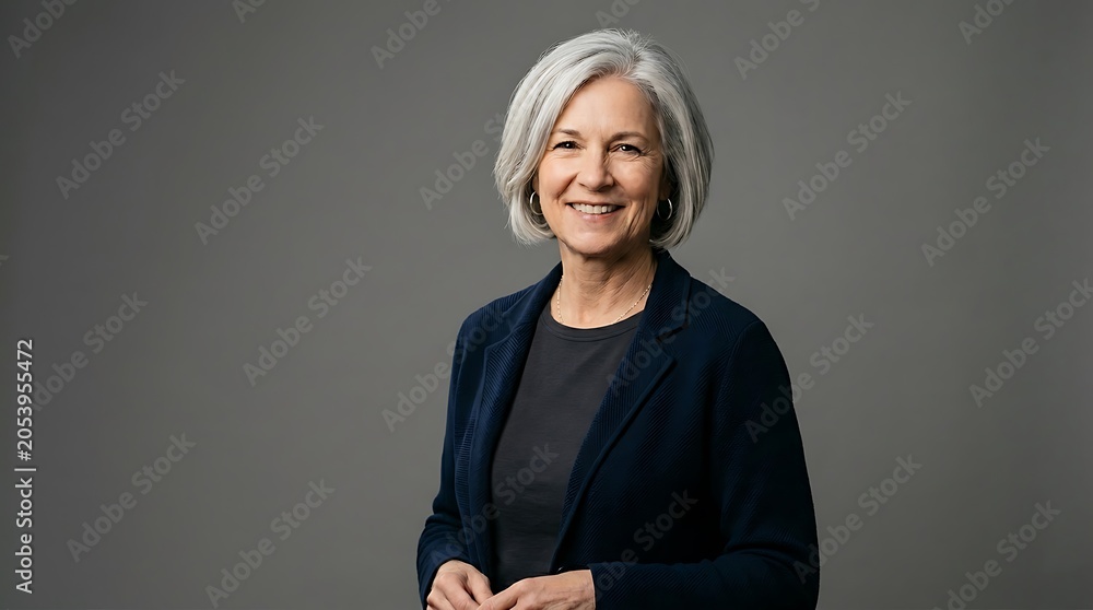Fototapeta premium Portrait of a smiling senior businesswoman with styled silver bob hair wearing a blue blazer, posing against a neutral grey background