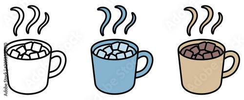 Photos Coffee cups featuring steaming hot drinks in white, blue, and beige colors against highlighting café and refreshment concepts