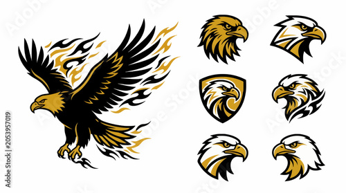 Valokuva Black and Gold Eagle Vector Illustrations with Tribal Flames and Shield Emblems,