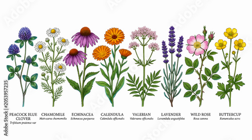 Fotografía Collection of Medicinal Wild Flowers: Peacock Blue Clover, Chamomile, Echinacea,