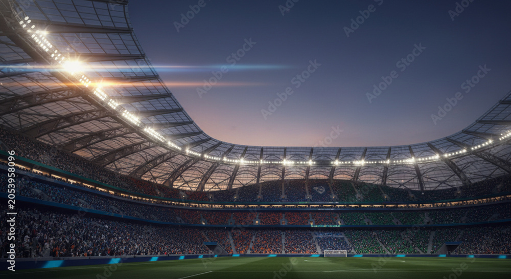 Fototapeta premium Illuminated Modern Stadium Arena with Packed Crowds at Dusk Under a Dramatic Sky with Bright Lights
