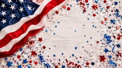 An American flag drapes over the left corner of a white wooden background, surrounded by scattered red, white, and blue star confetti and curly blue ribbons