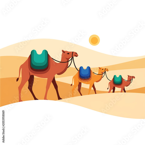 Valokuva Camels walking in desert sand dunes.