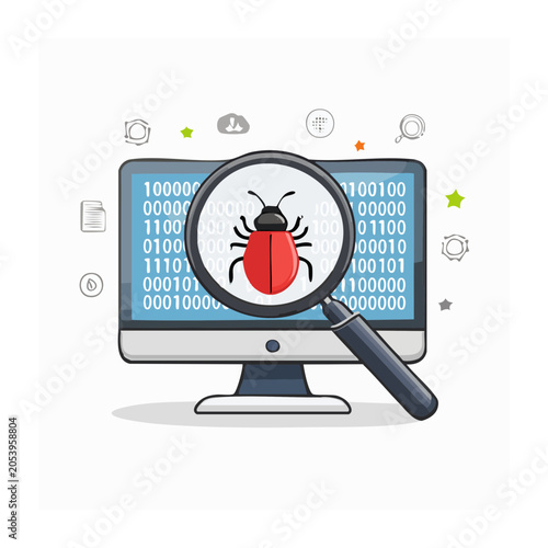 Cartoon bug under magnifying glass on screen