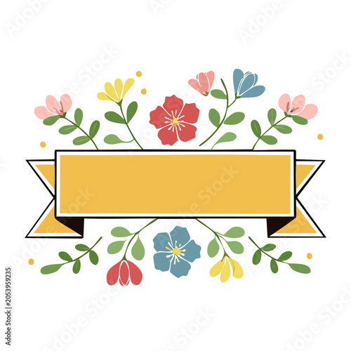 Floral Banner with Ribbon Flat Design