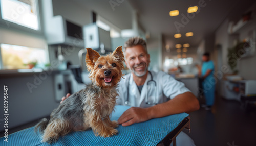 happy Yorkshire Terrier sits on a table at a veterinary clinic, looking at camera with cheerful expression and smiling veterinarian wearing white coat and stethoscope, exuding professionalism and care