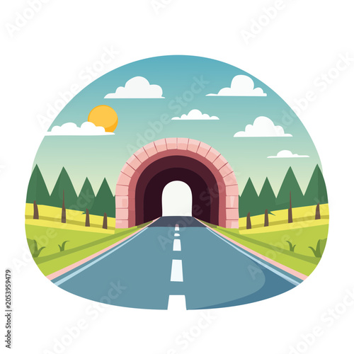 Tunnel Road Landscape Flat Design Illustration