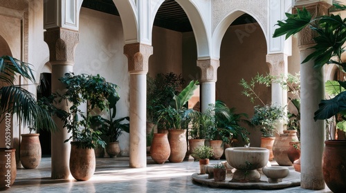 Sunlit Mediterranean courtyard with arches, lush potted palms, terracotta urns, patterned tile floor, central stone fountain, dappled light creating warm shadows, riad inspired columns and cloistered