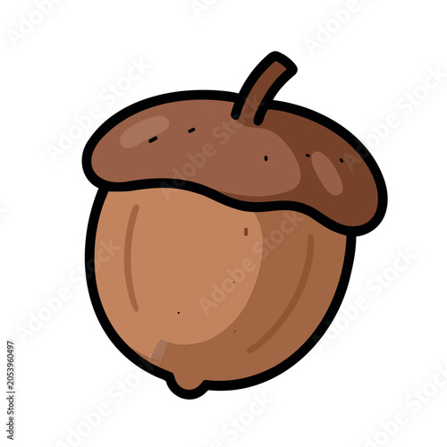 Cartoon illustration of an acorn with black outline and two shades of brown for its texture