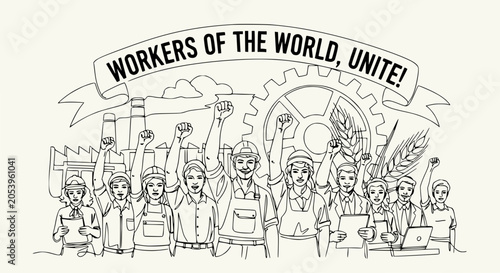Tableau sur toile Diverse workers uniting with raised fists, industrial background, Workers of th