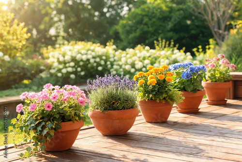Colorful Flower Pots Arranged on Wooden Deck in Sunny Garden