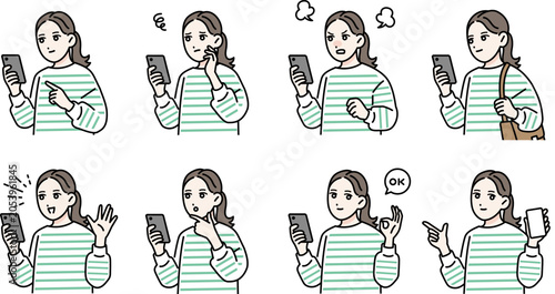 スマホを持っている若い女性のポーズセット