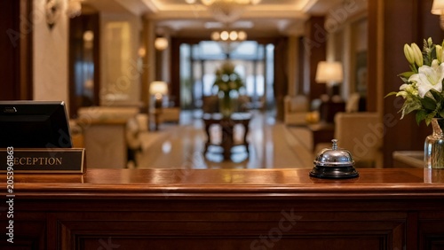 lobby. Hotel reception desk with polished wood and bell, elegant lobby background. real-estate listings, architecture portfolios, designed for real-estate listing and luxury residence showcases.
