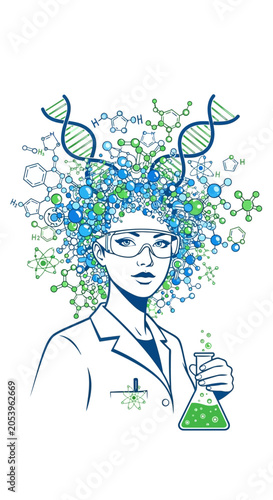 Scientist with DNA and molecules.