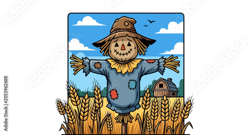 Tableau sur toile Scarecrow standing in wheat field.