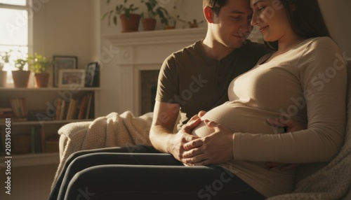 Affectionate pregnant couple sitting on a sofa in a sunlit living room, with the man gently touching the woman's baby bump, expressing love and anticipation for their future child.