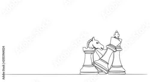 Chess game strategy, checkmate concept, fallen king and rook with knight, single line art