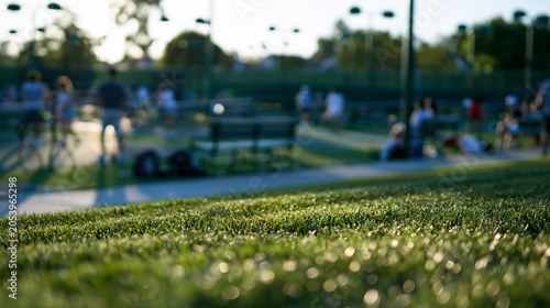 Low angle blurred tennis court scene with sunlit grass, distant players, benches, and green summer sports background for banner design