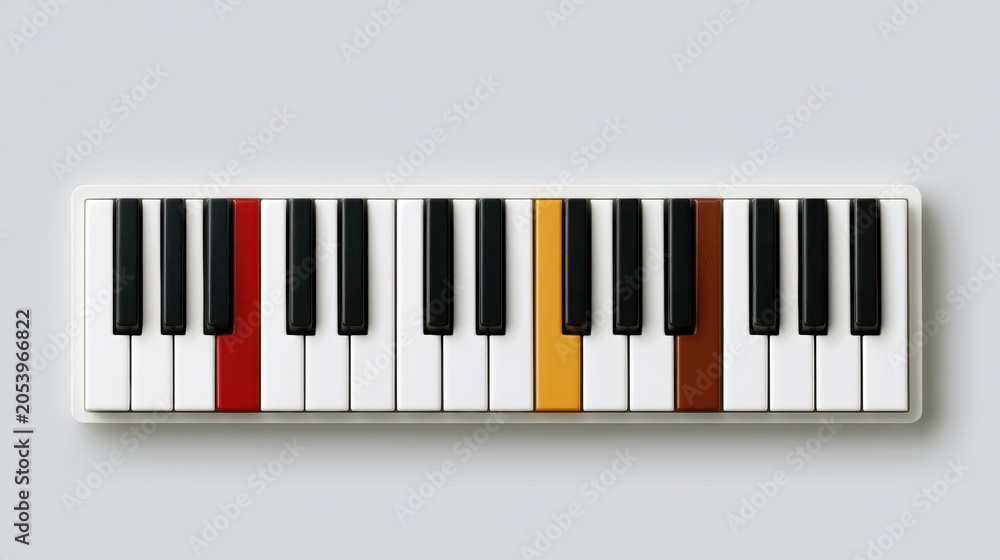 Fototapeta premium Top view of a colorful piano keyboard with unique red yellow and brown accented musical keys on a simple neutral grey background