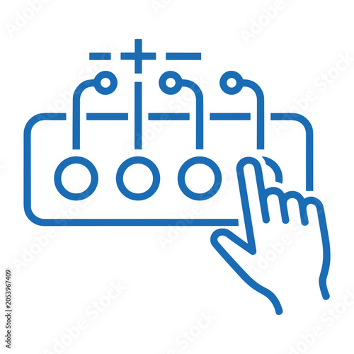 Canvastavla Blue line icon of electronic circuit board with hand, electrical component schem