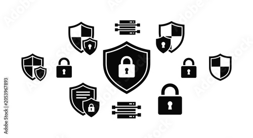 Schilderij op canvas Various security icons including shields and locks are arranged in a circle