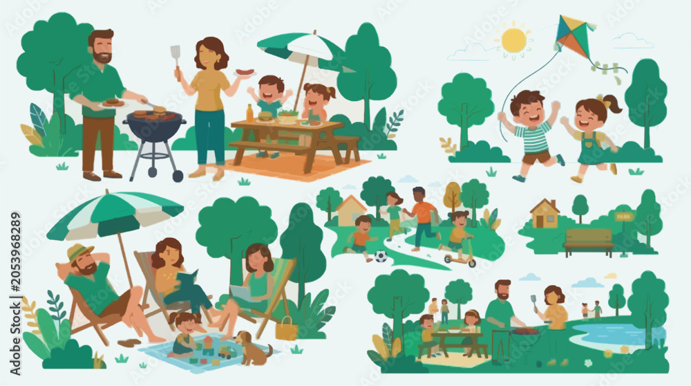 Fototapeta premium Flat Vector Illustrations Families Enjoying Park Activities Summer Picnic Barbecue Stock Graphic