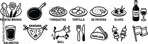 Spanish Tapas and San Fermin Festival Icons Set - Hand Drawn Black and White Vector Illustrations